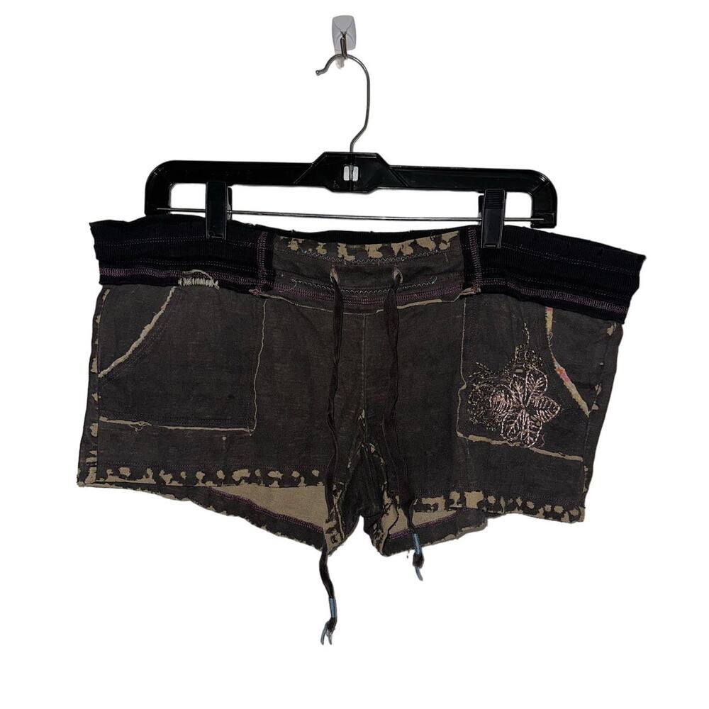 Destroyed Boho Hippie Short Shorts Embroidered Size L Beach Pull On Tie Waist